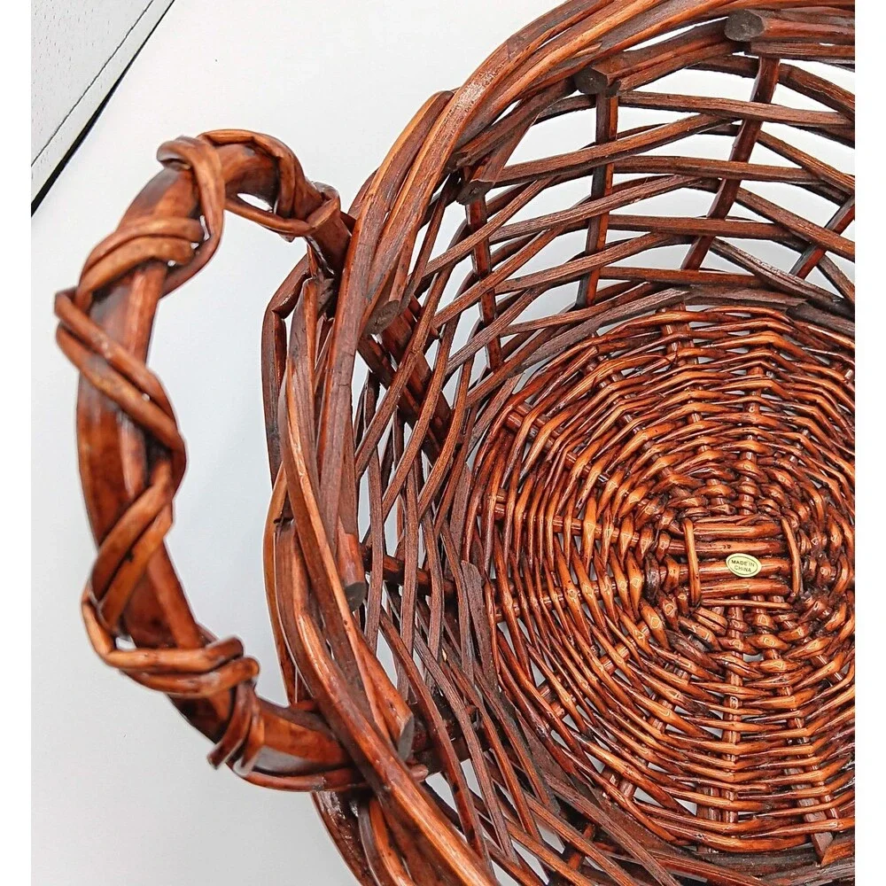 Wicker Gathering Basket Brown Thick Woven Side Handle Round Decor Bread Fruit 9